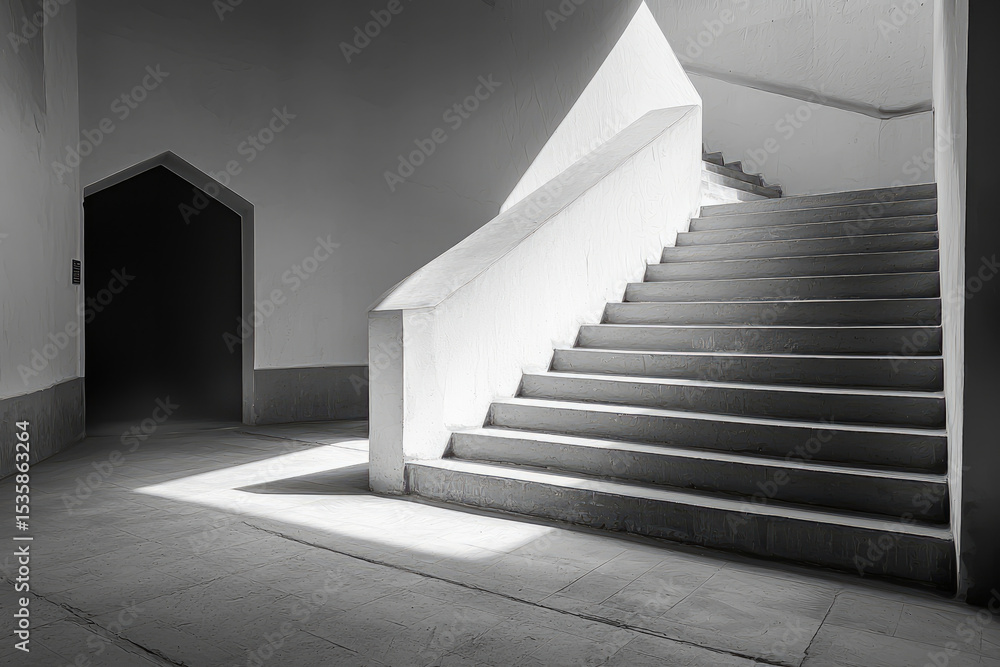 Poster Modern staircase angular architecture minimalistic interior sunlight shadow concrete geometric lines empty space