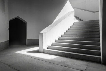 Obraz premium Modern staircase angular architecture minimalistic interior sunlight shadow concrete geometric lines empty space
