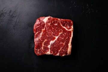 Juicy marbled beef steak on a sleek black surface highlighting its rich color and texture