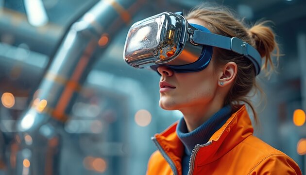 Woman wears VR headset aerospace materials research. Augmented reality tech innovation in engineering, safety. Digital vision of virtual interaction. Precision, analysis, development of advanced