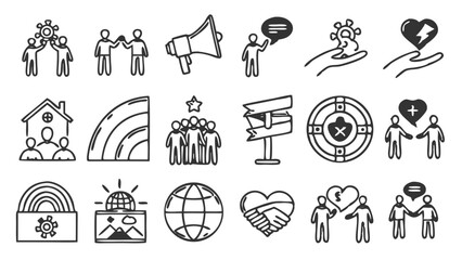 Fototapeta premium collection of line art icons representing community, support, and global issues isolated on white background.