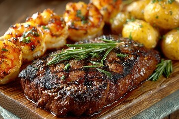 Tempting Surf and Turf: Grilled Beef Steak, Shrimp Skewers, and Roasted Potatoes with Rosemary