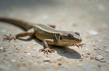 Naklejka premium Detailed close-up of lizard on ground. Reptile wildlife nature in environment, sunny day. Lizard rests on rocky surface. Detailed reptile skin texture, sharp focus. Beautiful, interesting eye
