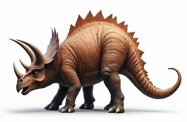 Fototapeta premium Realistic illustration of Triceratops on solid white backdrop. Ancient herbivore dinosaur with horns, frill isolated. Prehistoric creature illustration, ideal for educational content, design projects.