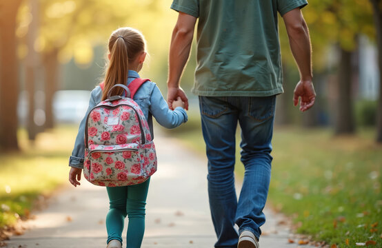 Father holds daughter hand going school first time. Back to school together after pandemic. Young girl with backpack. Family, parenthood, education, relationships, childhood concept.