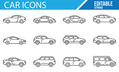 Car Illustrations in Line Art - Editable Stroke