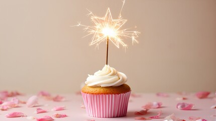 sparkle cupcake with flower and white background recommend for birthday, anniversary, valentine day, mother's day, festival celebration