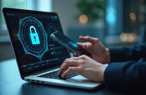 Person uses laptop, smartphone. Security concept with digital lock icon on screen. Data protection, cyber security, privacy, network safety, online, 2 step verification, multi factor authentication.