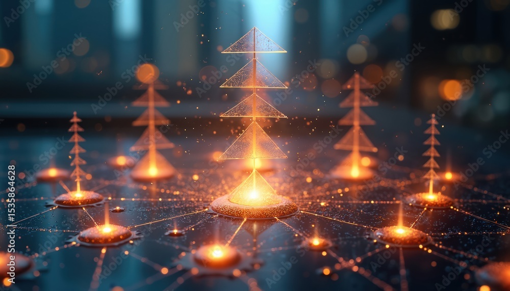 Aufkleber Conceptual depiction of business network, hierarchical corporate structure. Image features network of interconnected points with central hierarchy representing management, leadership. Focuses on