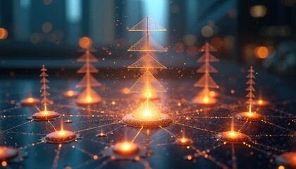 Conceptual depiction of business network, hierarchical corporate structure. Image features network of interconnected points with central hierarchy representing management, leadership. Focuses on