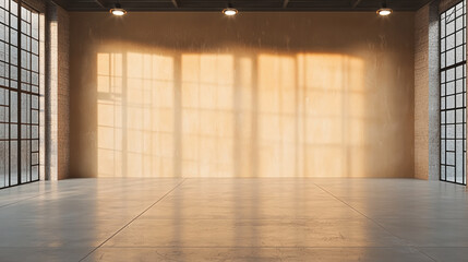 Minimal industrial room with large windows, concrete floor, warm sunlight, and spacious empty interior, peaceful atmosphere