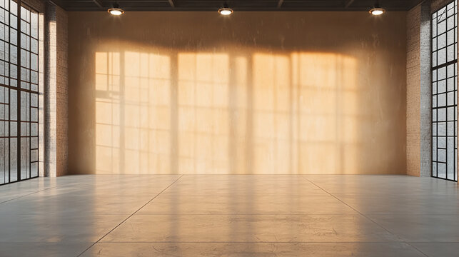 Minimal industrial room with large windows, concrete floor, warm sunlight, and spacious empty interior, peaceful atmosphere
