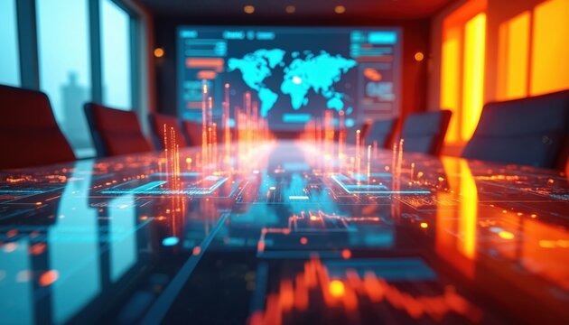 Augmented reality AR tools in modern meeting room, business innovation concept. Futuristic workspace with digital display, data visualization. High-tech environment for collaboration, strategic