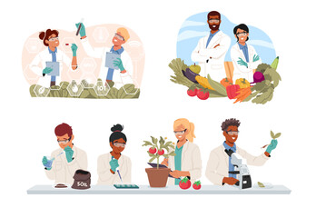 People scientist studying plants cultivating, breeding and producing excellent natural harvest