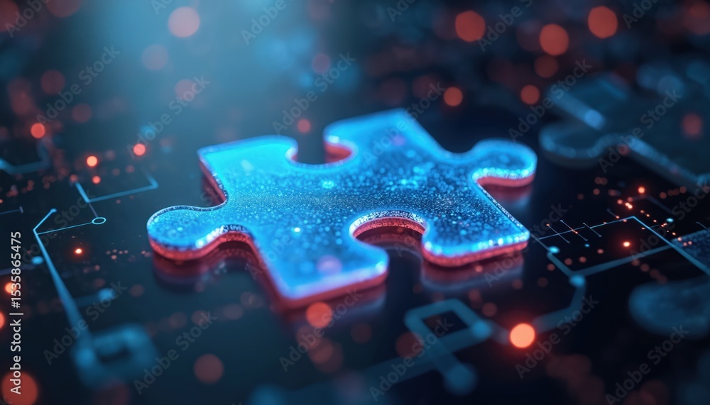 Aufkleber digital blue glowing jigsaw puzzle hologram. successful collaboration, partners cooperate, implement