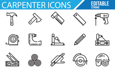 Fototapeta premium Editable Stroke Woodworking Icons for Carpentry, Craftsmanship, and DIY Projects