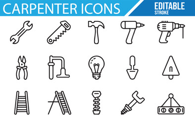 Carpenter Work Tools Icons Set for Construction, Carpentry, and Handyman Projects

