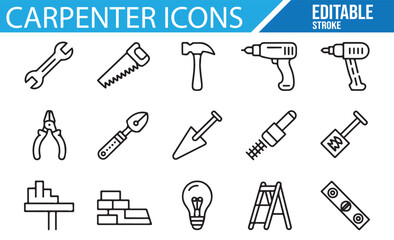 Obraz premium Editable Carpenter Tools Icons for DIY Projects, Construction Work, and Woodworking