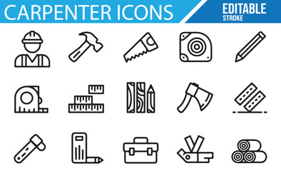 Carpenter and Woodworking Tools Icons for Construction, DIY, and Home Improvement Projects