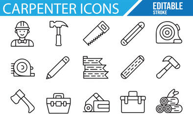 Fototapeta premium Set of Woodworking Tools Icons Featuring Hammer, Saw, and Tape Measure for Carpentry Designs