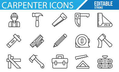 Editable Stroke Carpenter Tools Icons for Construction, Carpentry, and DIY Projects