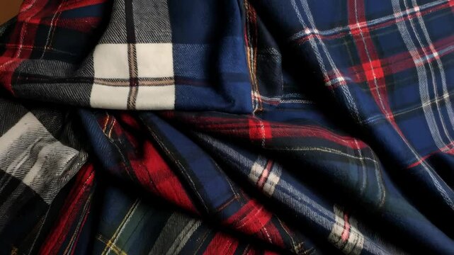 Folded fabric showing a colorful plaid pattern with blue, red, white and black stripes forming squares