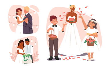 Groom and bride loving couple newlyweds cartoon characters enjoying wedding ceremony tradition