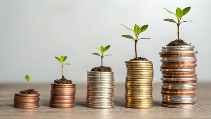 Stacks of coins with small plants growing represent financial growth and investment