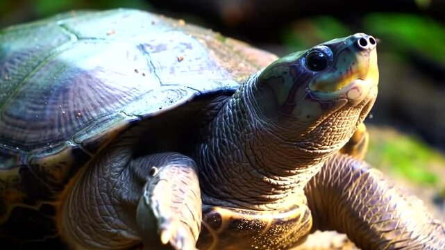 A closeup view of a turtle on the ground, its head raised slightly