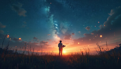 Silhouette of person holding book standing in grassy field at sunset. Night sky, cosmos, stars, galaxy, milky way, heaven, nature. Studying, exploring, contemplating universe, enjoying magic of