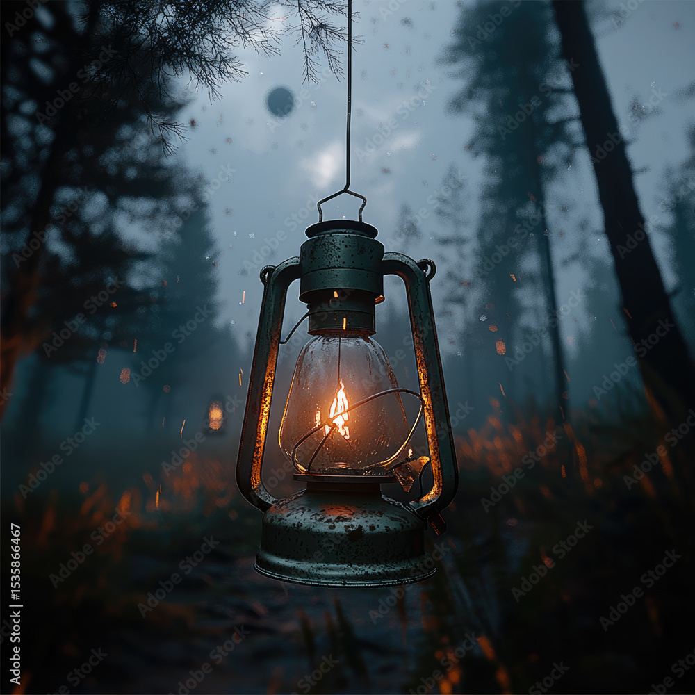 Poster glowing vintage lantern hangs in misty forest, casting warm light and creating mysterious, tranquil 