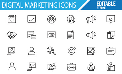 Collection of Digital Marketing and Growth Icons for SEO, Graphs, and Data Analysis