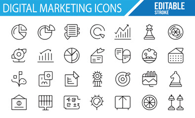 Editable Stroke Icons for Digital Marketing, Strategy, and Data Analysis Design