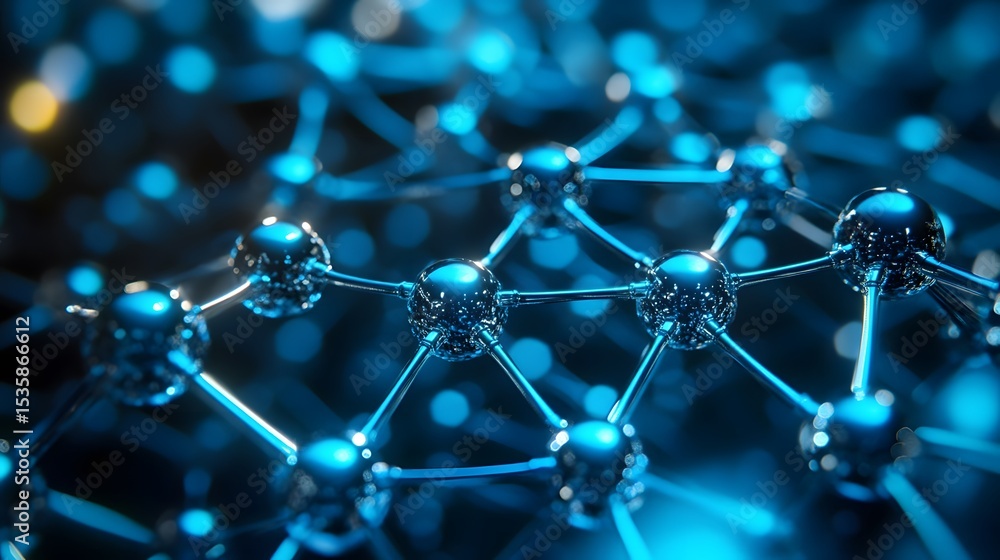 Poster abstract representation of an interconnected network, rendered with glossy blue spheres and connecti