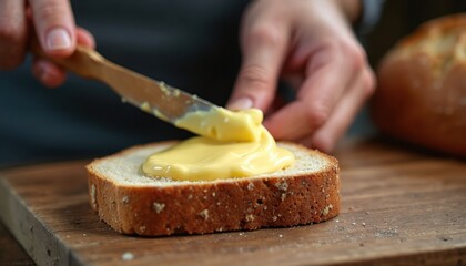 Close-up shot of person spreading fresh butter on a slice of bread using a wooden knife. Buttered bread toast ready for breakfast. Healthy snack made with fresh ingredients on wood table.