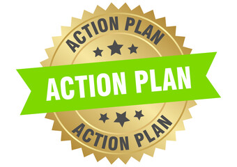 action plan. action plan round green and gold label isolated on transparent background