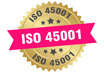 iso 45001. iso 45001 round pink and gold label isolated on transparent background
