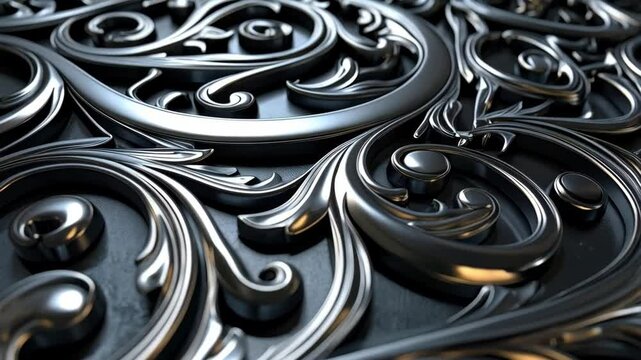 Ornate metallic filigree pattern with repeating floral and scroll design, in a sleek and modern, three dimensional rendering.