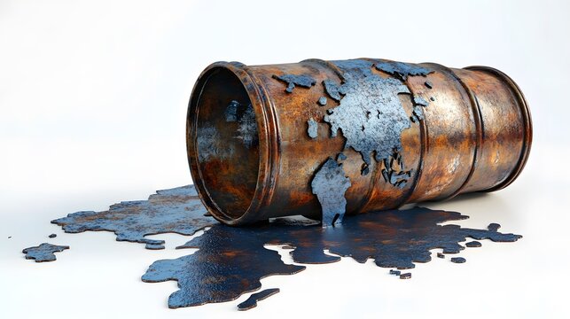 Oil barrel with world map decal leaking onto a white surface, symbolizing environmental issues and the impact of the oil industry.