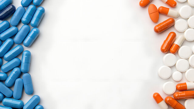 Blue and orange pills isolated on white background