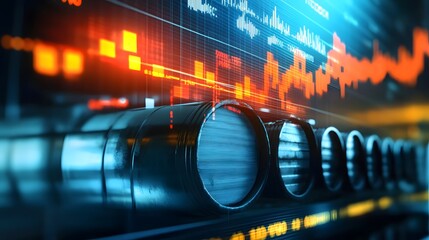 A conceptual image displaying financial data superimposed over a row of oil drums, symbolizing the energy market and its fluctuations.