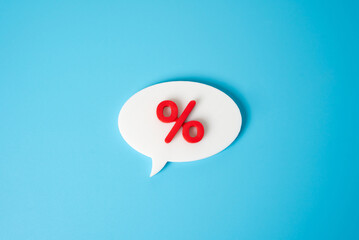 Conversation bubble and percentage. Conversation cloud about discount, credit or debt. Rumors about...