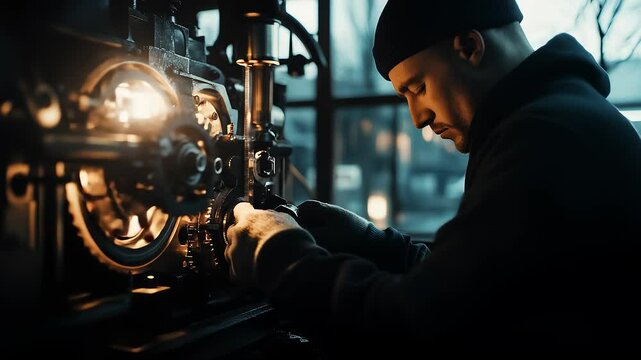 Skilled Technician Operating Precision Machinery Gears Close-up