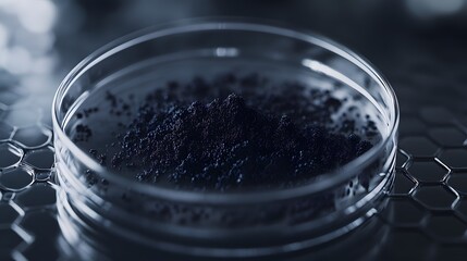 Close-up of carbon material inside petri dish set against a hexagonal patterned surface for scientific research and development.