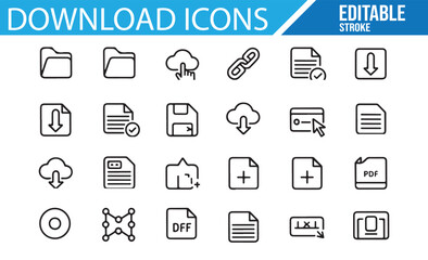 Collection of Download, File, and Folder Icons for Technology and File Transfer Design