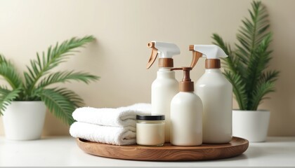Eco-friendly cleaning products on wooden tray. White bottles with wooden details and houseplant. Modern sustainable home care concept. Natural, non-toxic ingredients. Clean, fresh, safe living.