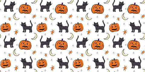 Fototapeta premium Fun and spooky seamless Halloween pattern featuring hand-drawn black cats, carved pumpkins, stars, and crescent moons on a white background.