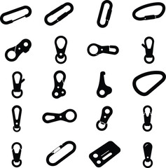 A versatile vector illustration set of colorful carabiner clips and keychains with various shapes, ideal for outdoor, security, and sports designs. Functional collection.