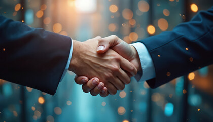 Two business partners make deal, handshake. Blurred financial data background, high-stakes agreement. Concept partnership, collaboration, teamwork. Symbolizes successful deal, achievement, growth.