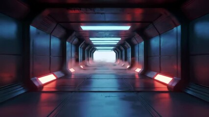 Futuristic corridor with blue and red lights, swirling fog, and flickering illumination - Powered by Adobe